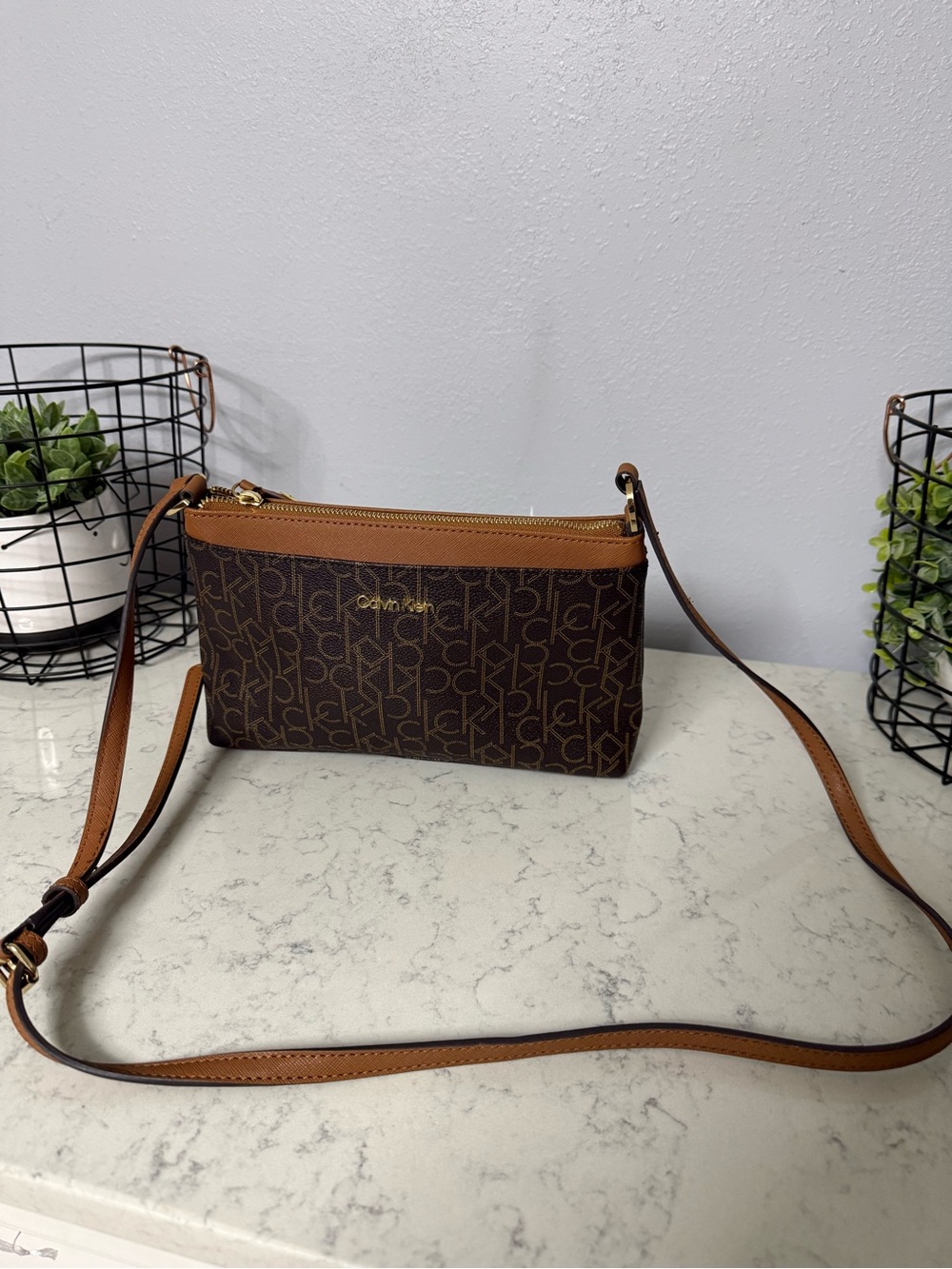 Calvin Klein Brown Logo Crossbody with Tan Accents